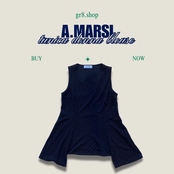 A.Marsi Italian-Made Womens Tunic Blouse Size XL Navy Pinstripe Sleeveless Polye - Picture 1 of 7